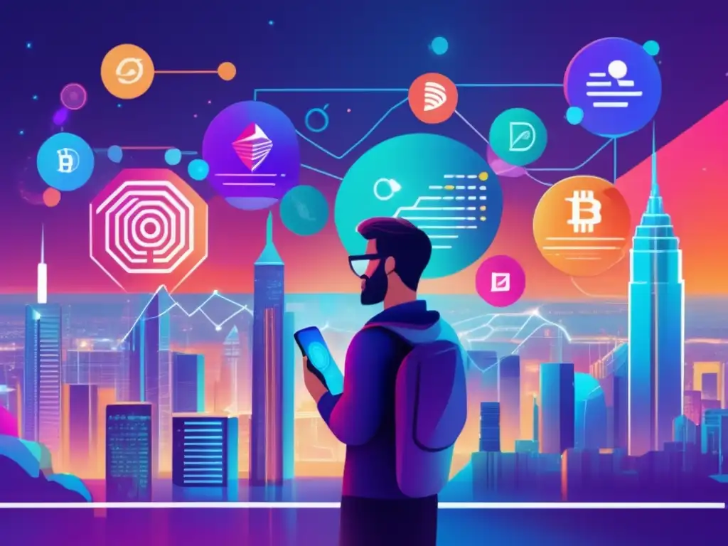 Futuro de las criptomonedas Beneficios del staking en criptomonedas: Futuro digital vibrante con diversas opciones de criptomonedas y persona curiosa con smartphone