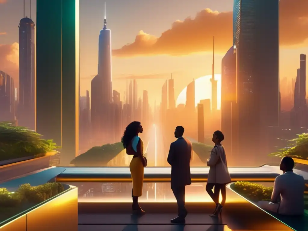 Futuroso horizonte dorado de una ciudad con rascacielos y naturaleza Beneficios del staking en exchanges: Futurista ciudad con rascacielos, naturaleza, comunidad y tecnología