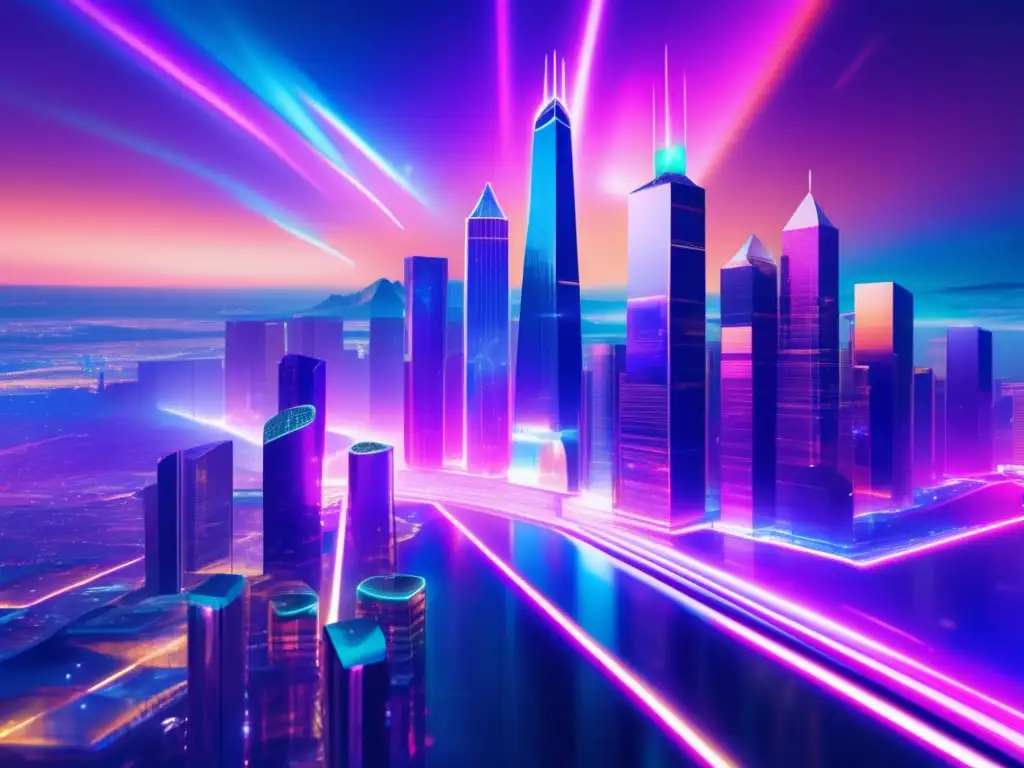 Paisaje digital futurista con criptomonedas Beneficios del staking en exchanges: Futurista paisaje digital con rascacielos de vidrio y metal, hologramas de criptomonedas y discusiones animadas