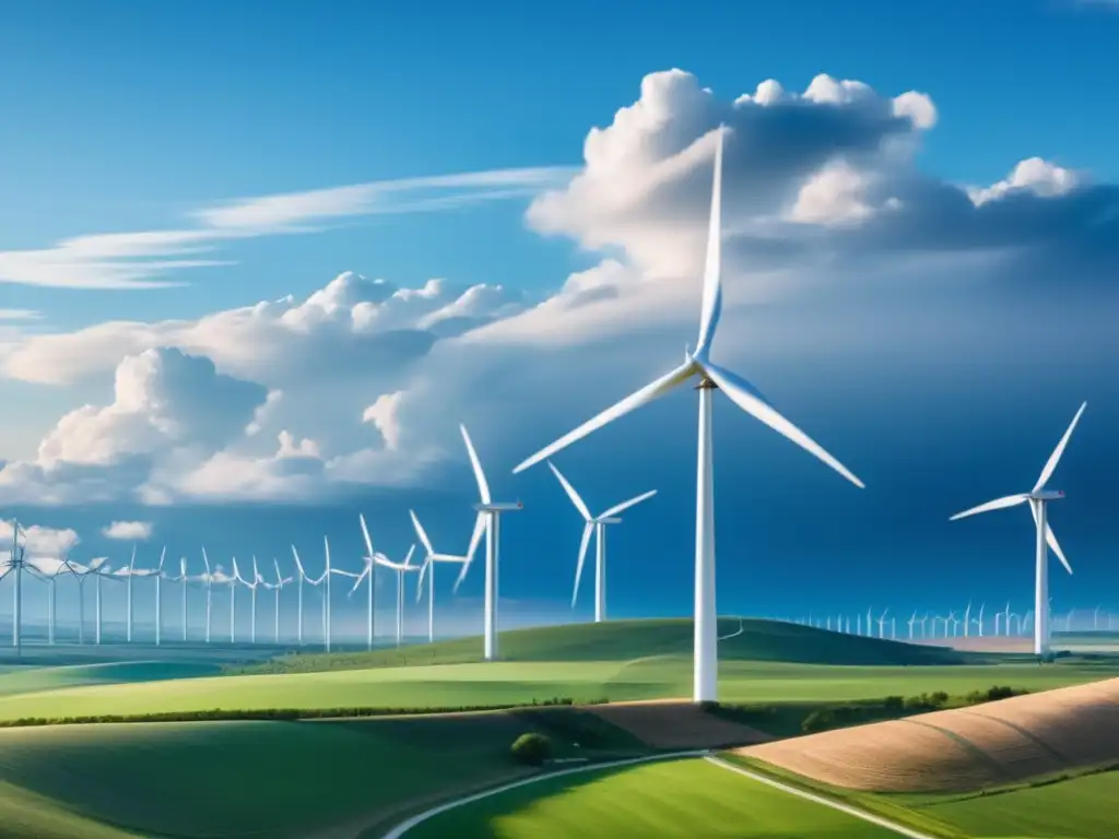 Vista panorámica de granja eólica con molinos modernos Beneficios de subastas de energía renovable en un hermoso paisaje de granja eólica de 8K, transmitiendo armonía y sostenibilidad