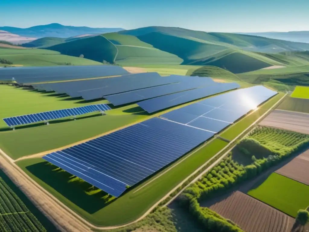 Paisaje verde con granja solar Beneficios de subastas de energía renovable: paisaje verde con paneles solares, empleo, reducción de emisiones