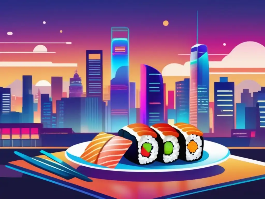 Ciudad futurista y sushi de SushiSwap Beneficios de invertir en SushiSwap: Futurista ciudad con rascacielos, sushi vibrante y prometedor