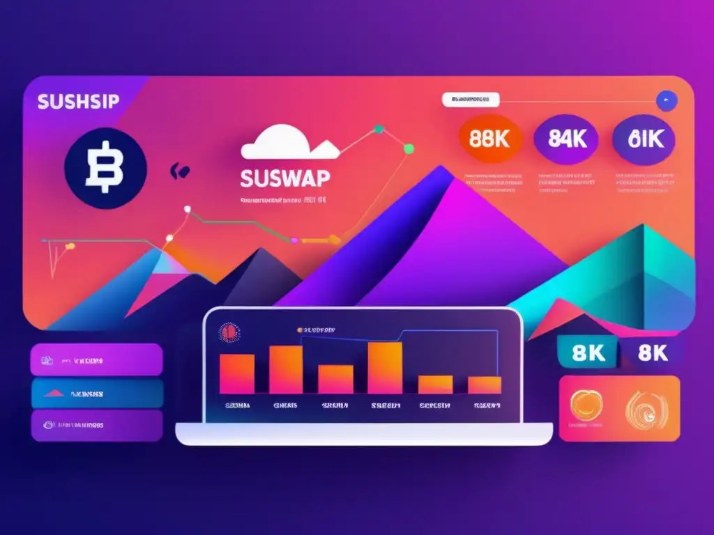 Futuro de SushiSwap: gráficos, datos y seguridad Beneficios invertir en SushiSwap: interfaz futurista, gráficos, seguridad y logo