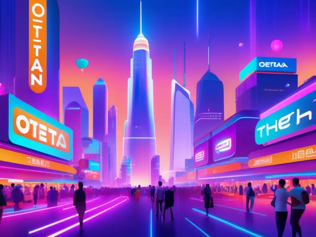 Futuro ciudad con anuncios holográficos, AR y streaming Beneficios de Theta Network para el streaming descentralizado