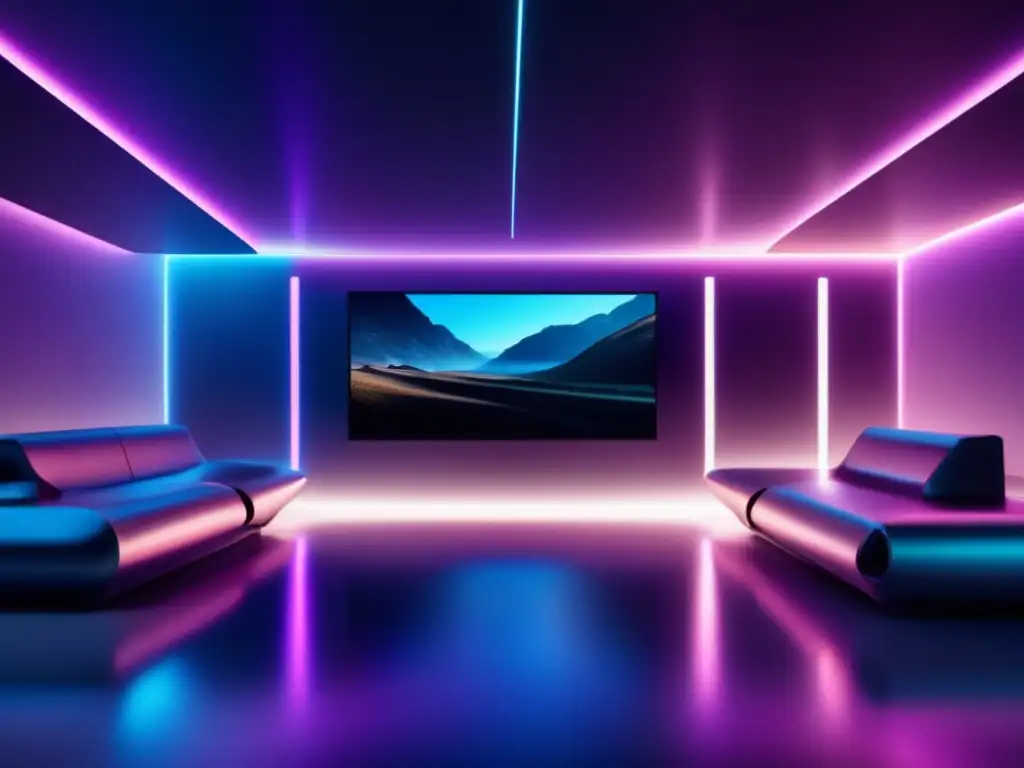 Futurístico salón de streaming con diseño minimalista Beneficios de Theta Network para el streaming descentralizado