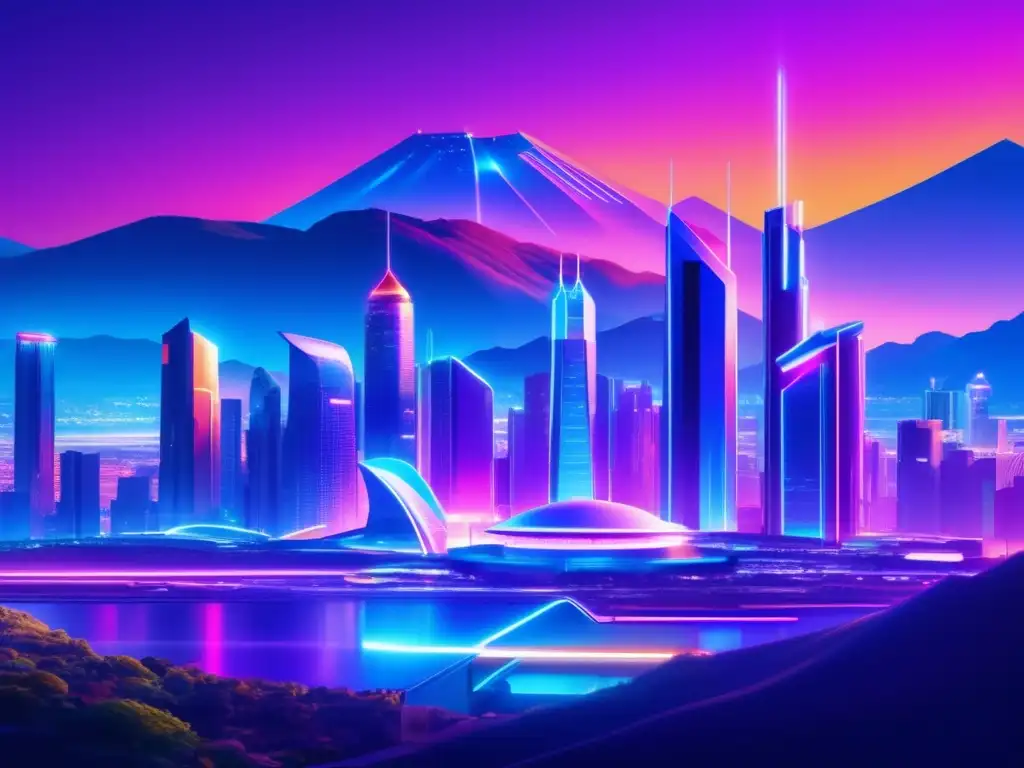 Inversión en elementos raros para el futuro Beneficios de invertir en tierras raras: Ciudad futurista, montañas, inversores y neones