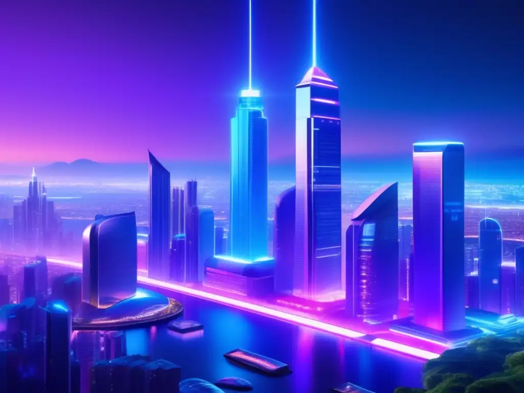 Futuroso paisaje nocturno de ciudad avanzada Beneficios invertir tierras raras: Futurista ciudad nocturna, rascacielos vidrio, hologramas, naturaleza verde, monorraíl