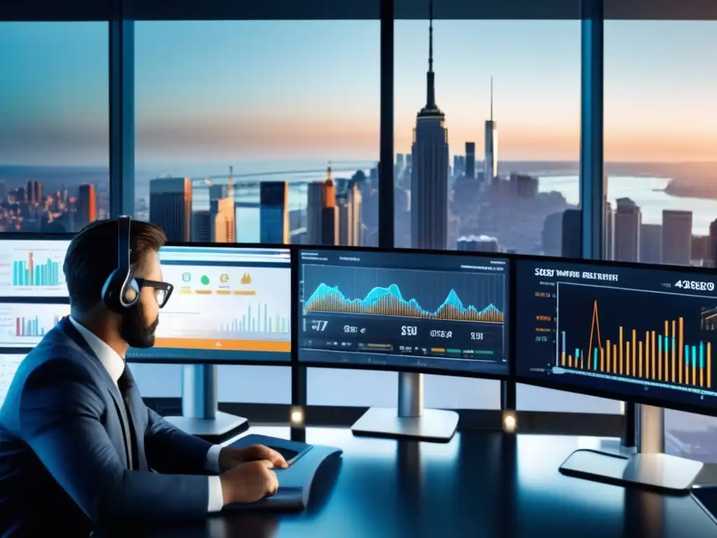 Trading floor con profesionales monitoreando datos de mercado Beneficios invertir en tierras raras: trading floor, profesionales, gráficos, inversión