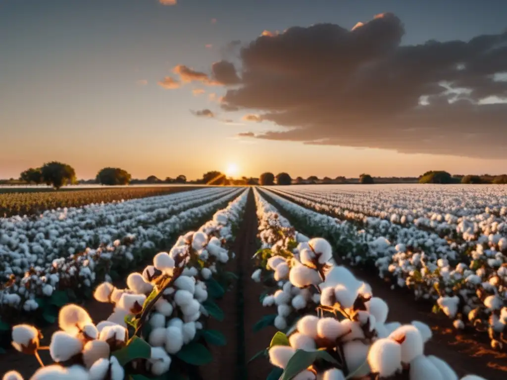 Campo de algodón al atardecer con filas de algodón blanco brillante Beneficios del trading de algodón: Imagen de un campo de algodón en el atardecer, con filas de suaves bolas blancas brillantes