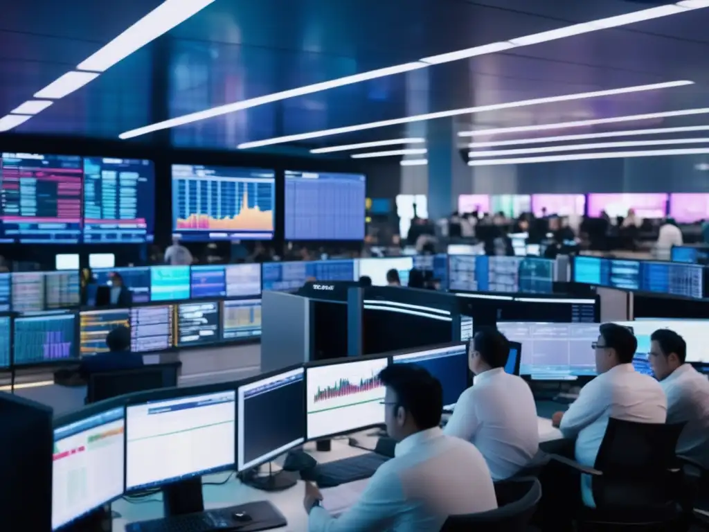 Piso de cotización de algodón con traders en acción Beneficios del trading de algodón: una imagen de trading de algodón en 8k con traders y pantallas mostrando datos en tiempo real