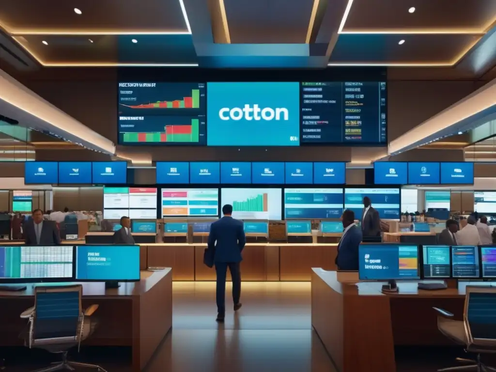 Mercado de algodón en acción Beneficios del trading de algodón en un vibrante mercado de algodón con traders y gráficos en tiempo real
