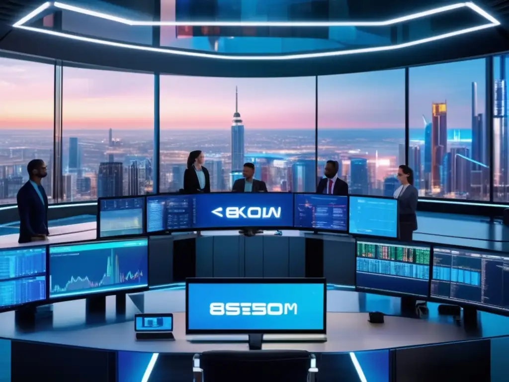 Trading room futurista con vista panorámica Beneficios del copy trading con bots: Futura sala de trading 8k con vista panorámica de una metrópolis, centro de comando con IA y equipo profesional