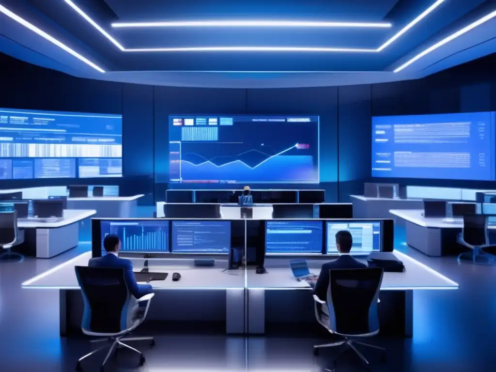 Sala de trading futurista con pantallas y traders trabajando Beneficios del copy trading con bots en una moderna sala de operaciones con oficinas de vidrio y pantallas de computadoras