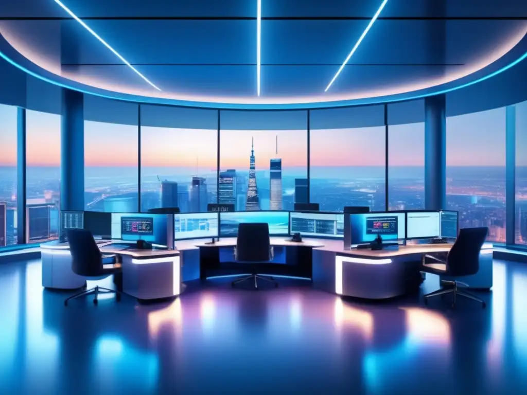 Traders analizando datos y tomando decisiones estratégicas Beneficios bots inversión: Trading futurista, tecnología avanzada, traders analizando datos, revolución de portfolios