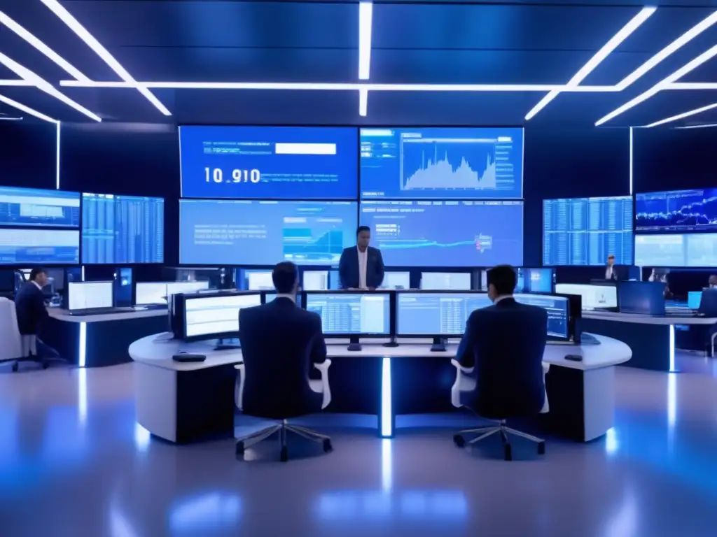 Traders analizando datos en un piso de operaciones futurista Beneficios IA en el Trading: Futuro piso de operaciones con traders, monitores avanzados, datos en tiempo real y algoritmos