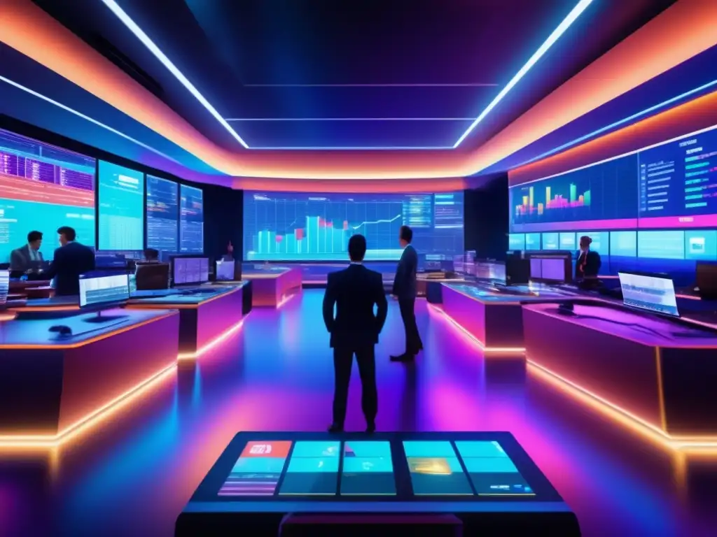Traders futuristas en sala de operaciones avanzada Beneficios IA en Trading: Futuro trading con tecnología avanzada, hologramas y pantallas 8k