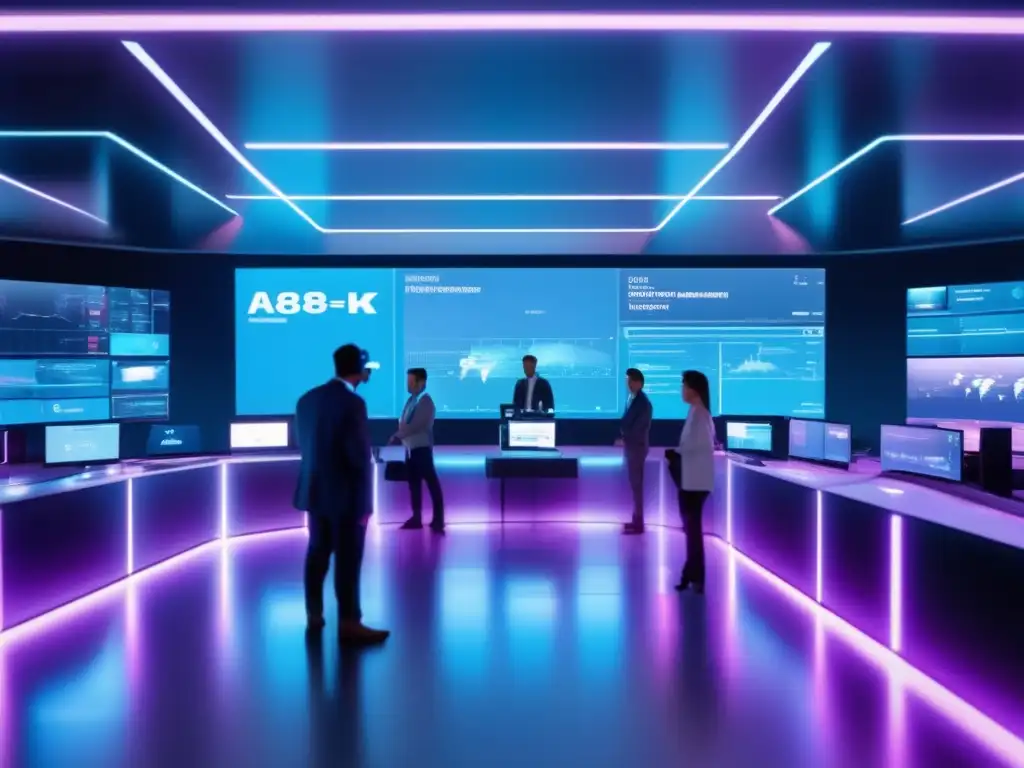 Sala de operaciones futurista con IA y tecnología avanzada Beneficios IA Trading: Futuro de trading con tecnología avanzada, inteligencia artificial, datos en tiempo real y gestión de riesgos