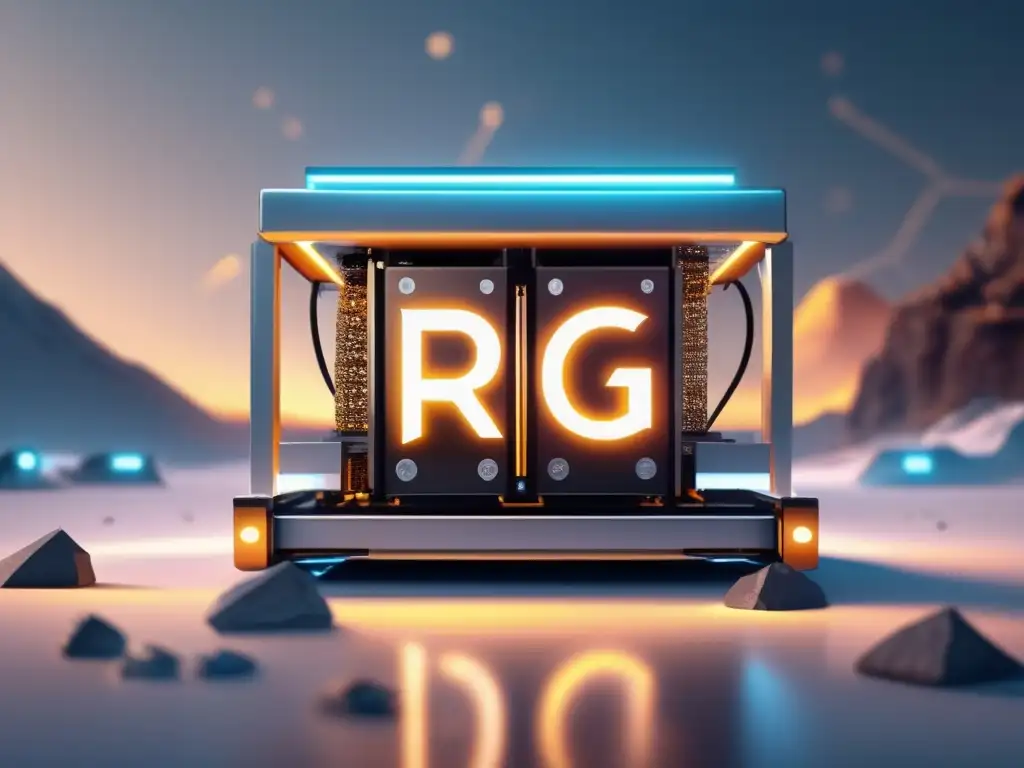 Rig de minería móvil futurista Beneficios minería móvil: rig ultradetallado con componentes metálicos, luces LED vibrantes y símbolos de criptomonedas en el aire