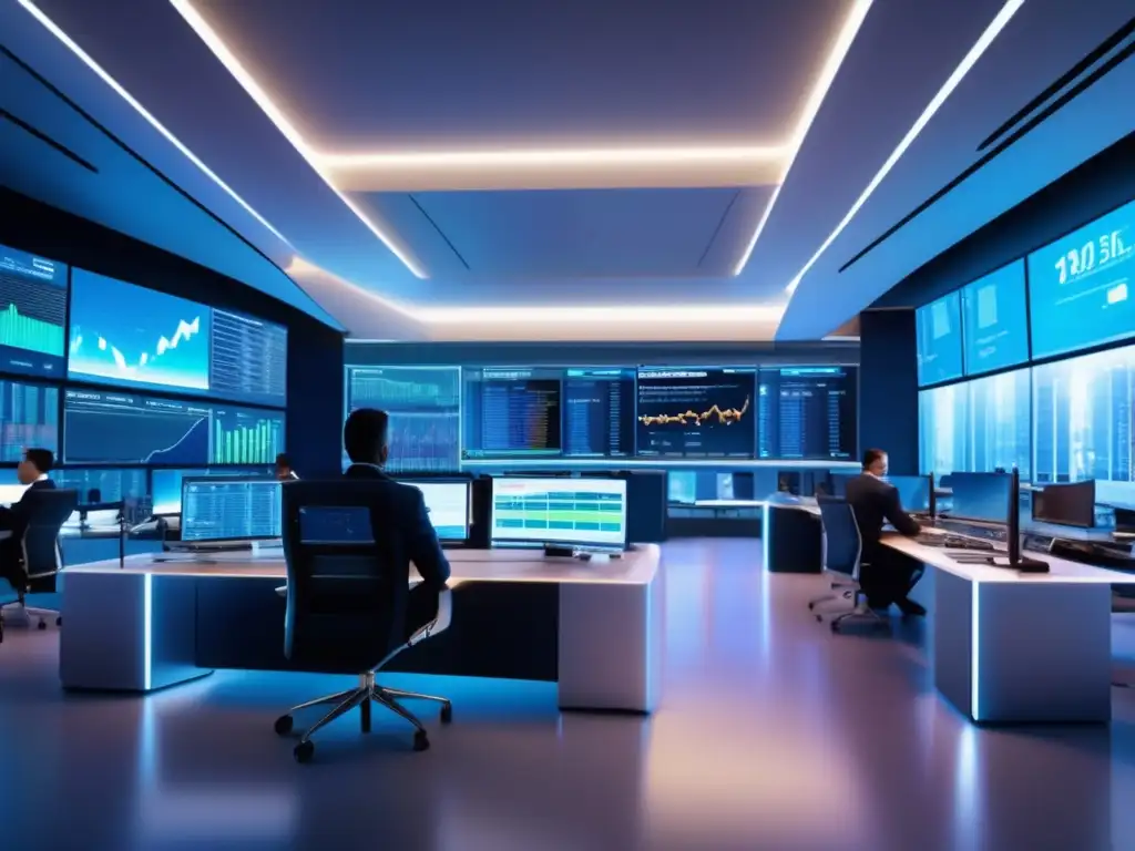 Futuro trading floor con tecnología avanzada Beneficios Índice de Vigor Relativo en inversiones, trading futurista y tecnología avanzada