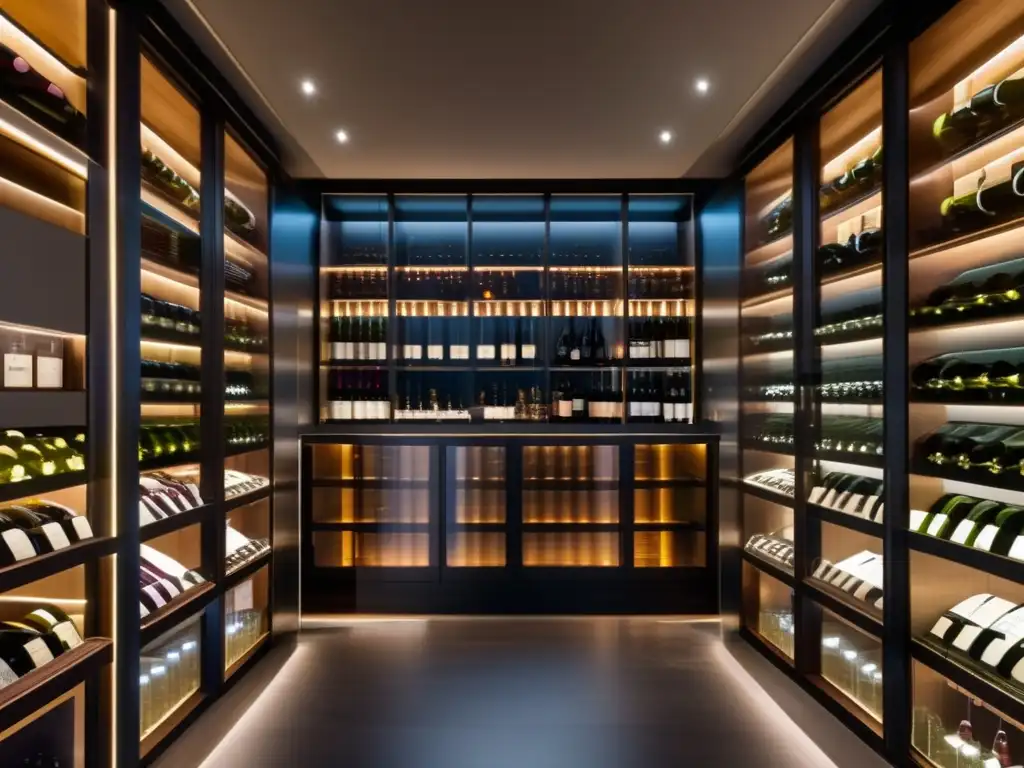 Lujosa bodega con vinos de colección Beneficios invertir en vinos y licores: Vinoteca moderna elegante, iluminada y organizada con botellas de vinos exquisitos