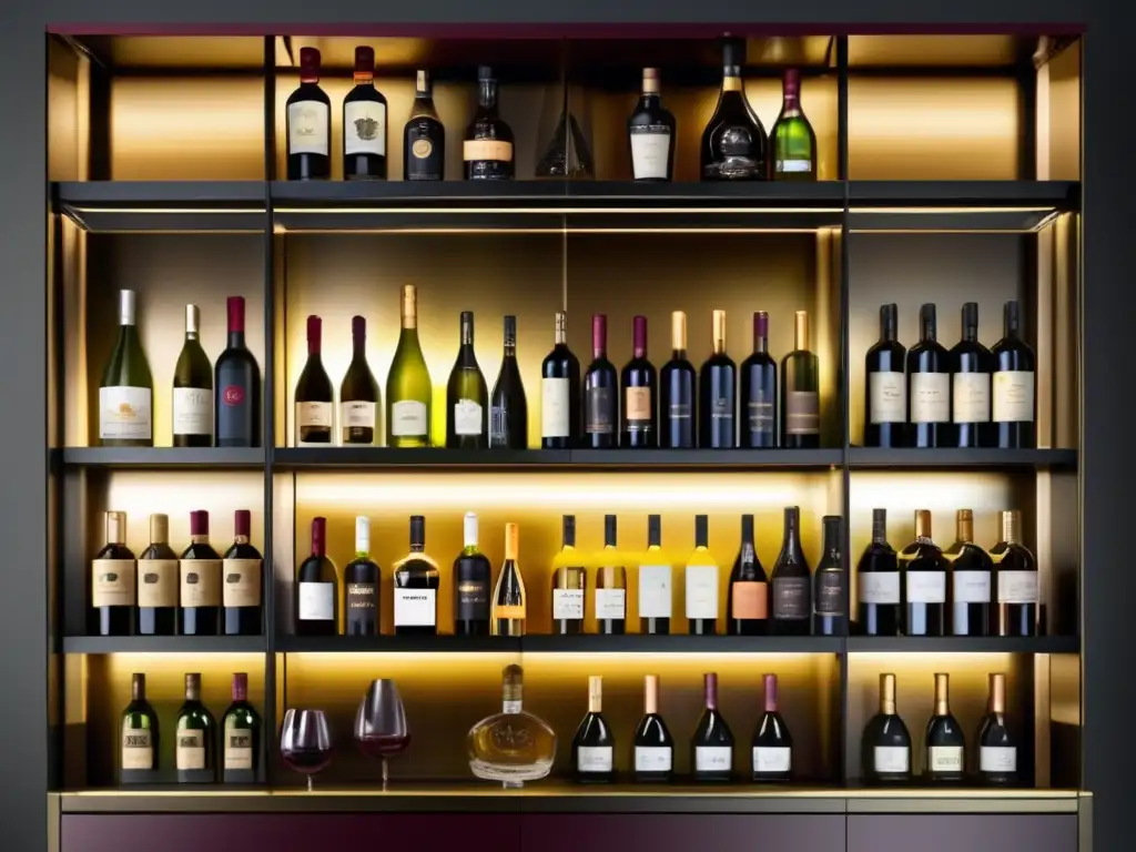 Exclusiva colección de vinos y licores Beneficios invertir en vinos y licores: vitrina moderna, botellas exquisitas, colores cautivadores, exclusividad y sofisticación