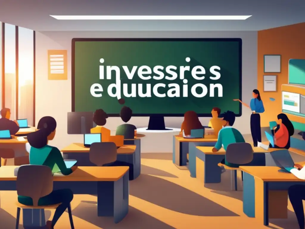 Aula virtual: educación online moderna Beneficios inversión en educación online: Aula virtual moderna con estudiantes diversos en debates y actividades interactivas