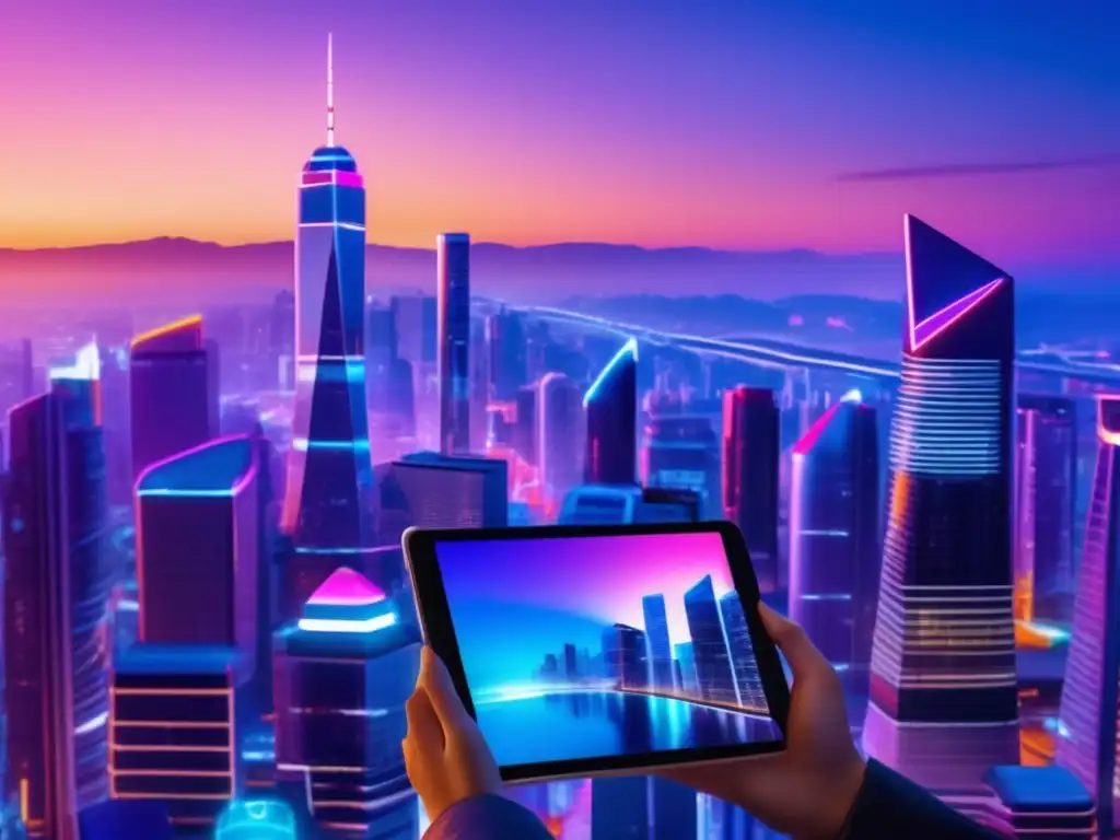 Futurista ciudad con roboadvisor Beneficios de Roboadvisors en la volatilidad del mercado