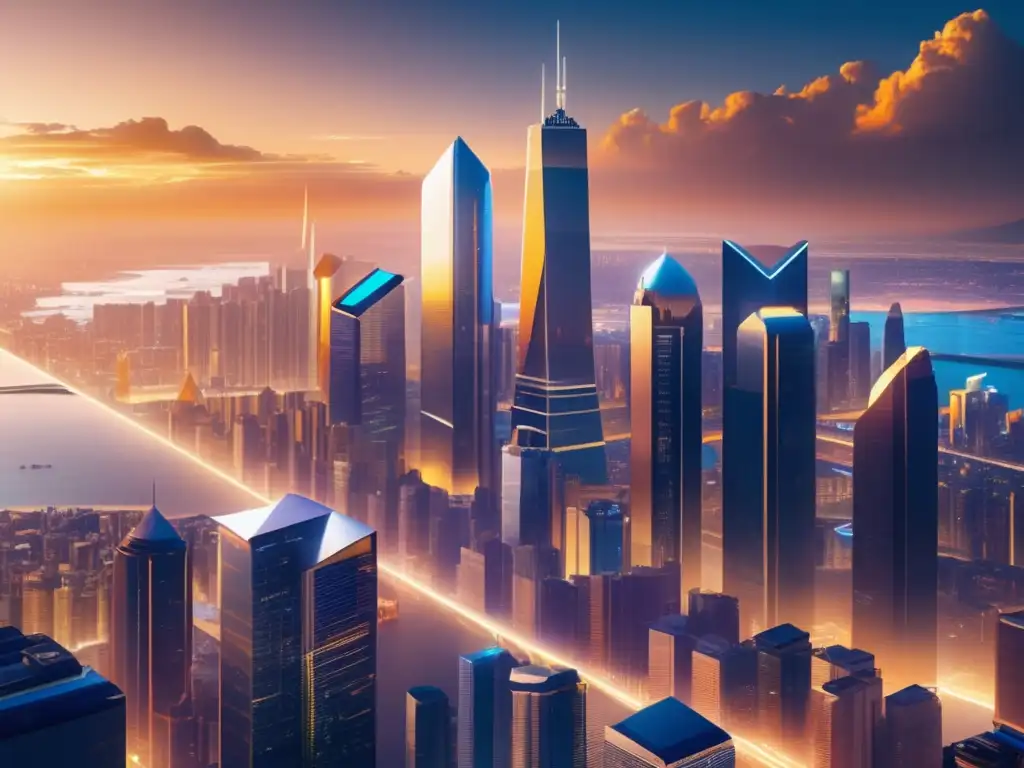 Ciudad financiera futurista con rascacielos y datos en tiempo real Beneficios de la volatilidad en el mercado financiero