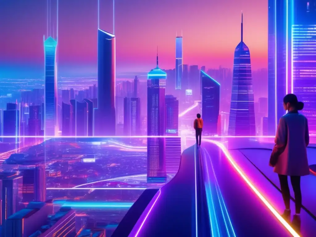 Futurocity iluminada con rascacielos y tecnología avanzada Beneficios Roboadvisors en volatilidad del mercado: Futurista ciudad nocturna con rascacielos, luces neón, autos autónomos y hologramas