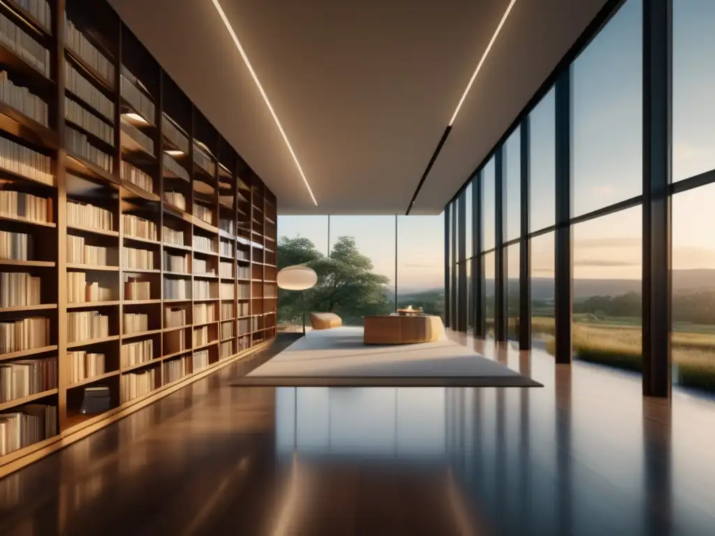 Biblioteca moderna con vista a paisaje tranquilo Biblioteca moderna con libros sobre inversión exitosa