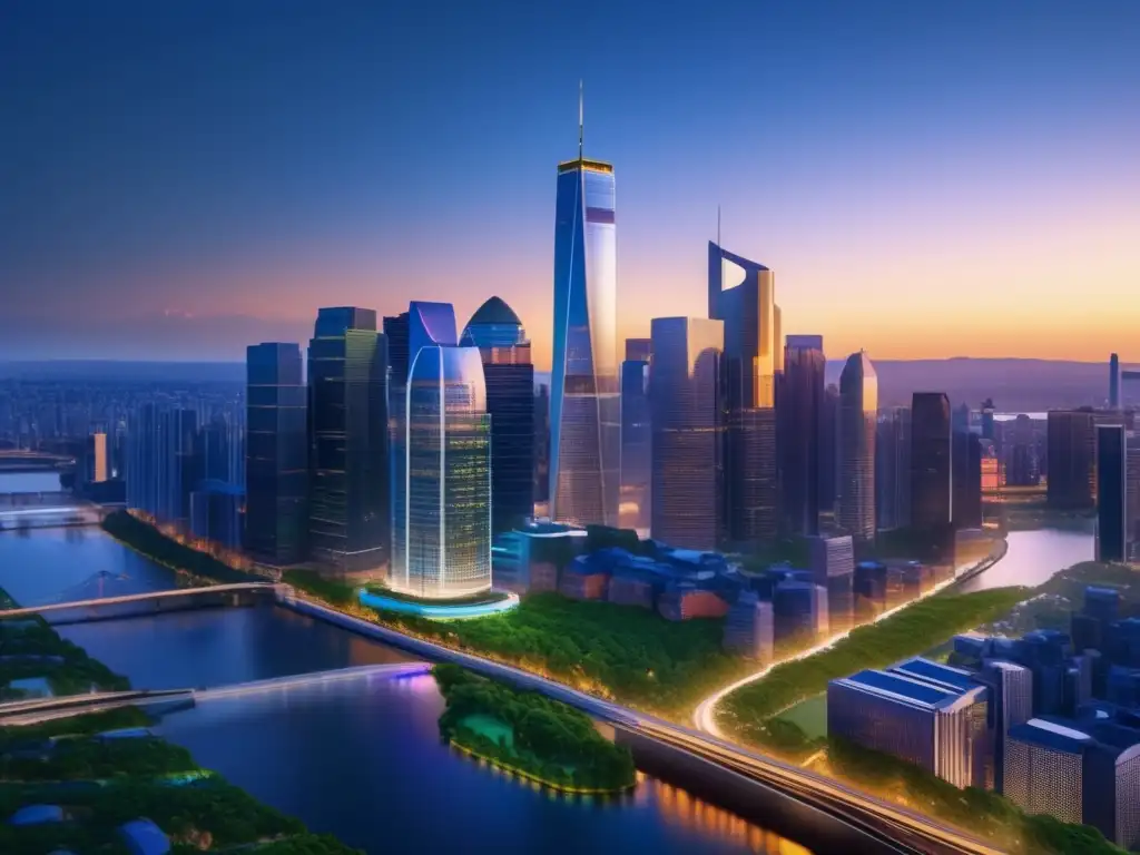 Ciudad moderna al atardecer Invertir en bienes raíces con poco dinero: Ciudad moderna al atardecer, rascacielos reflejando colores vibrantes