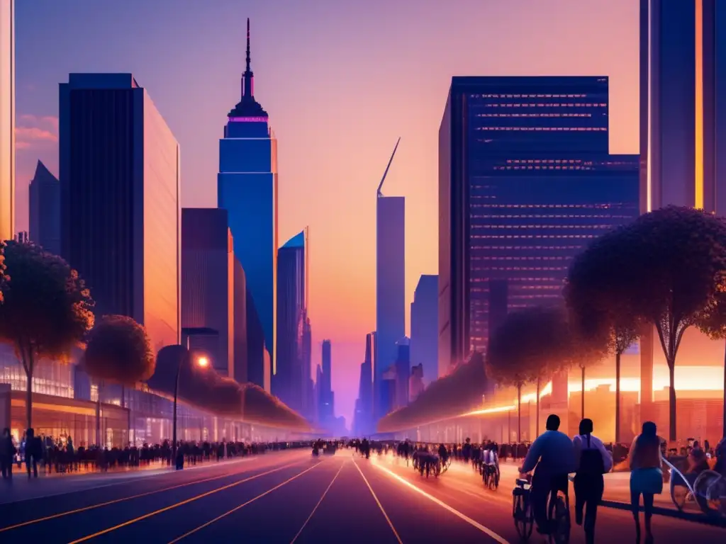 Ciudad moderna al atardecer, vibrante y próspera Invertir en bienes raíces con poco dinero: Ciudad moderna al atardecer, con rascacielos y bulliciosa vida urbana