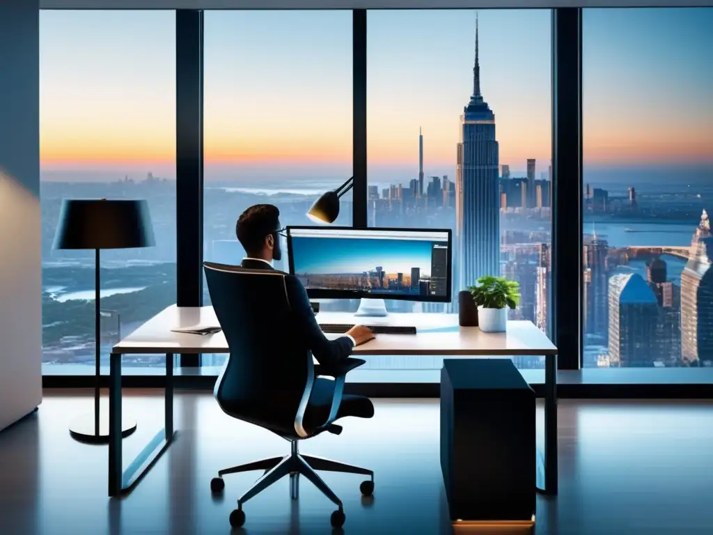 Oficina moderna con vista a la ciudad y profesional analizando inversiones Invertir en bienes raíces con poco dinero: Oficina moderna con vista panorámica y profesional analizando oportunidades de inversión