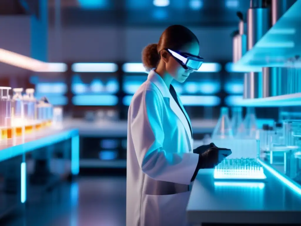 Laboratorio futurista con equipamiento de biotecnología Biotecnología: Laboratorio futurista con tecnología de vanguardia y científico examinando líquido brillante
