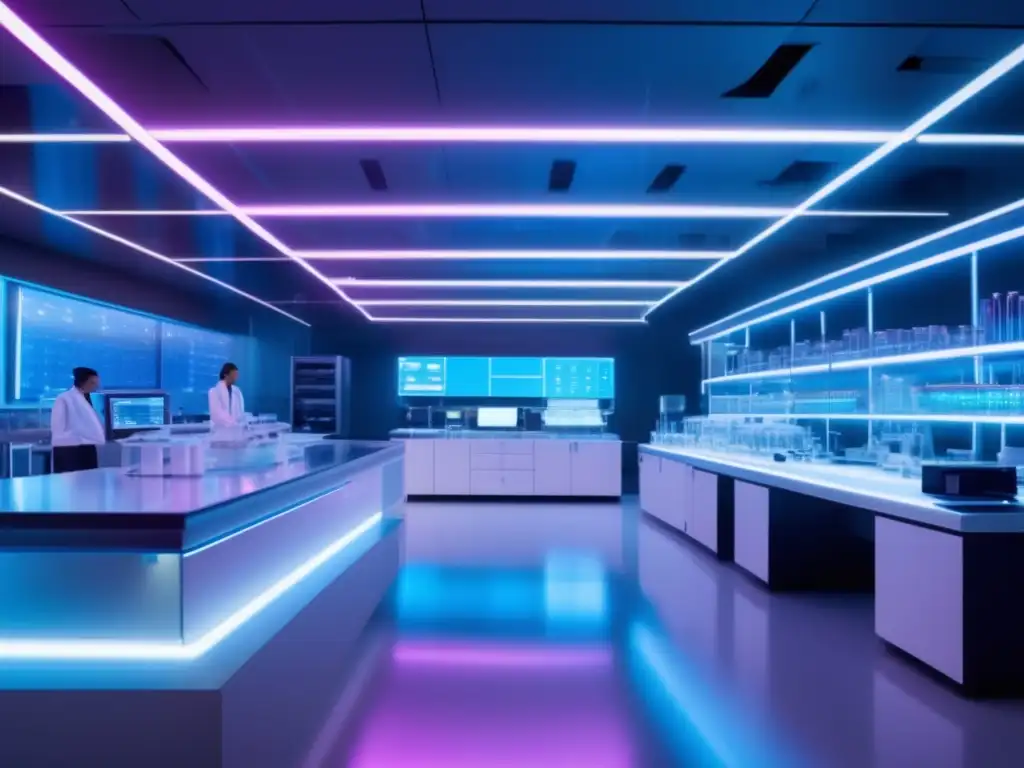 Innovador laboratorio futurista Invertir en biotecnología en tiempos de incertidumbre: laboratorio futurista con tecnología avanzada y científicos trabajando