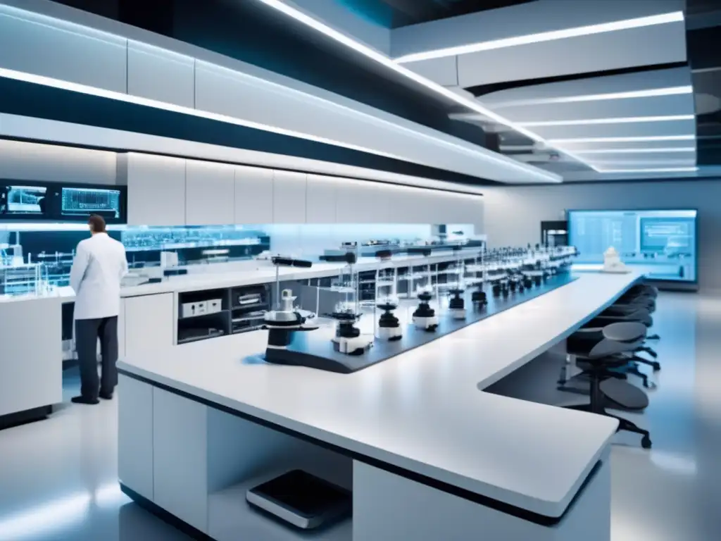 Laboratorio futurista de biotecnología Invertir en biotecnología en tiempos de incertidumbre: laboratorio futurista con equipos avanzados y científicos trabajando en experimentos
