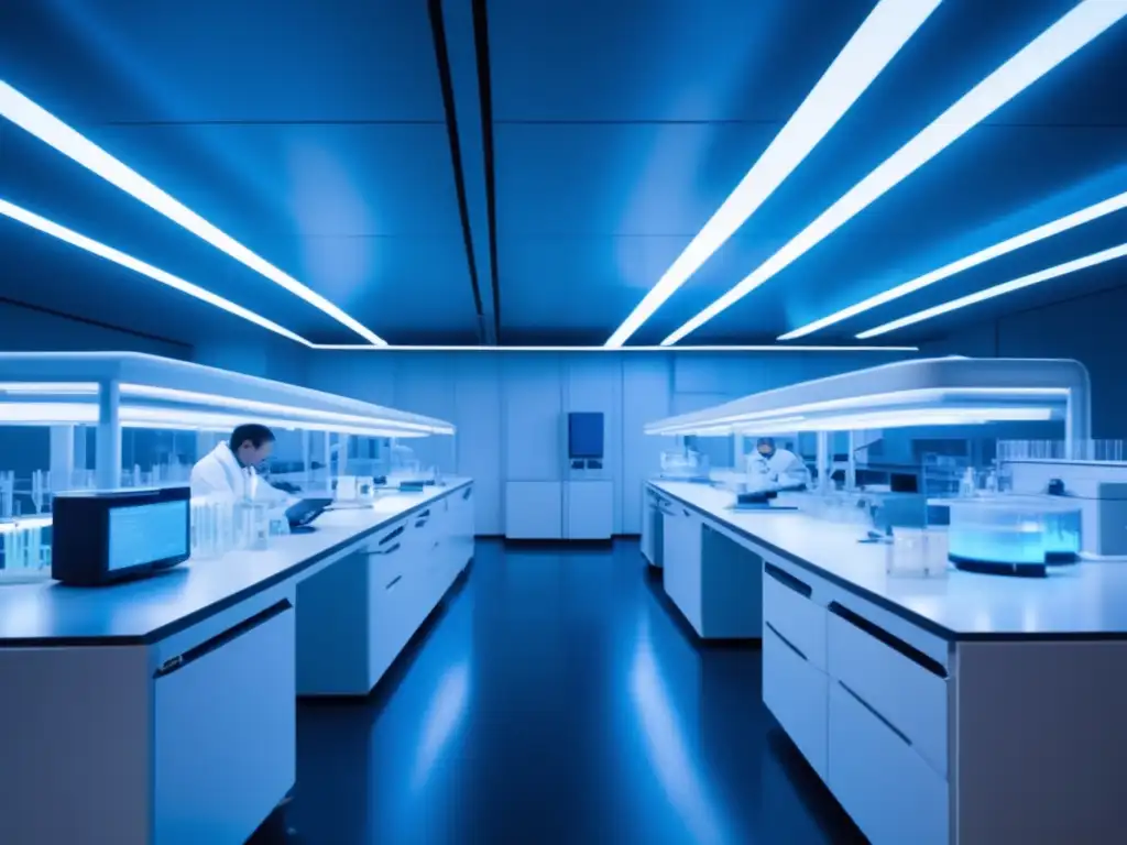 Laboratorio de biotecnología futurista Invertir en biotecnología en tiempos de incertidumbre: laboratorio futurista con tecnología avanzada, investigadores y riesgos