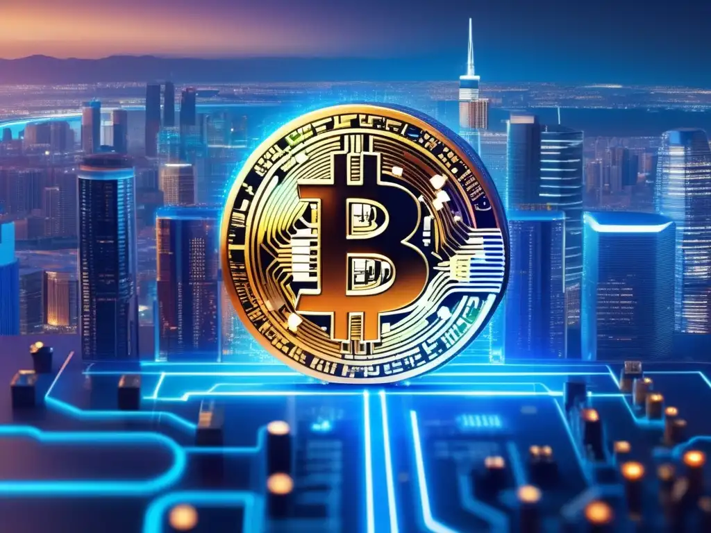 Símbolo de Bitcoin en circuitos con código y ciudad futurista Bitcoin innovador: símbolo en circuitos con código y ciudad futurista