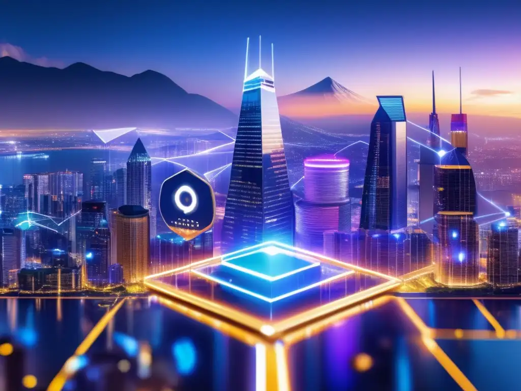 Futuro de criptos y blockchain Oráculos Blockchain para criptomonedas - Futurista ciudad con rascacielos y luces de criptomonedas reflejadas