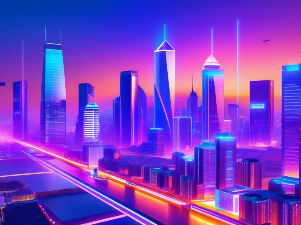 Ciudad futurista con blockchain y transacciones financieras Revolución Blockchain: Finanzas, Cambio de Juego
