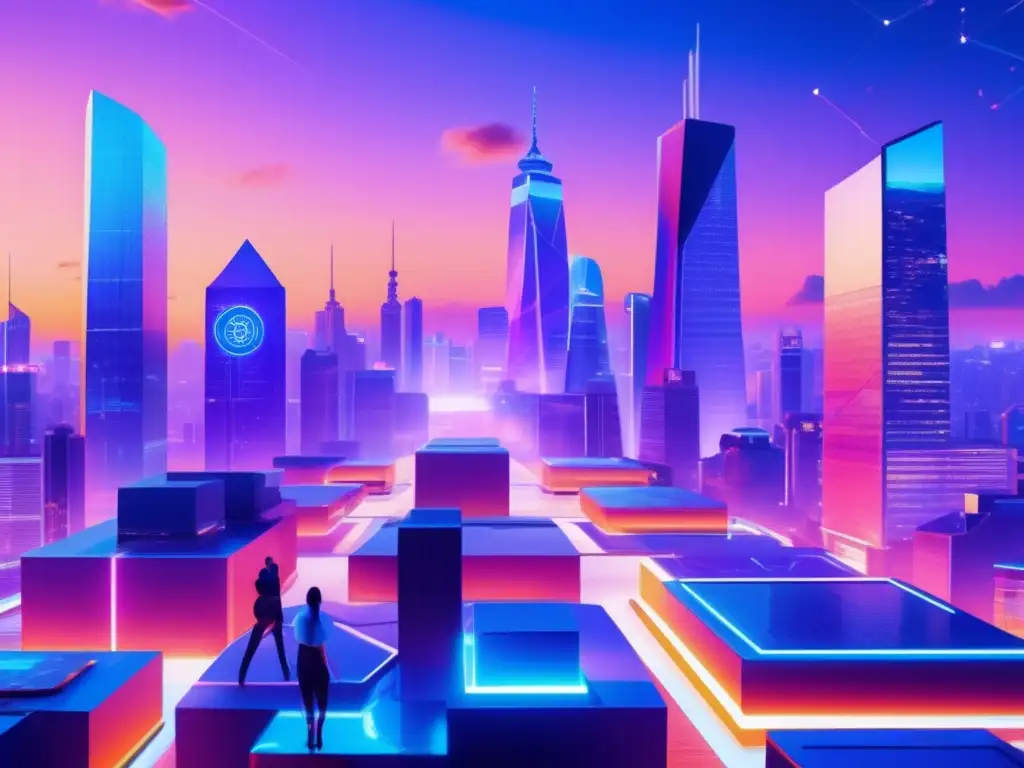 Ciudad futurista con rascacielos y tecnología blockchain Guía para invertir en Blockchain: Futurista ciudad con rascacielos, vallas publicitarias digitales y profesionales discutiendo tecnología blockchain