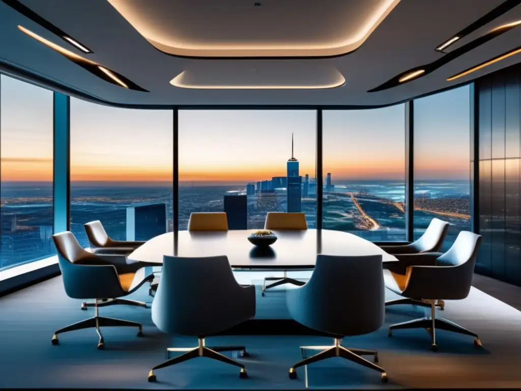 Contrato franquicia: éxito y profesionalismo Boardroom moderno y espacioso con vista panorámica a la ciudad, ideal para negociar contrato franquicia