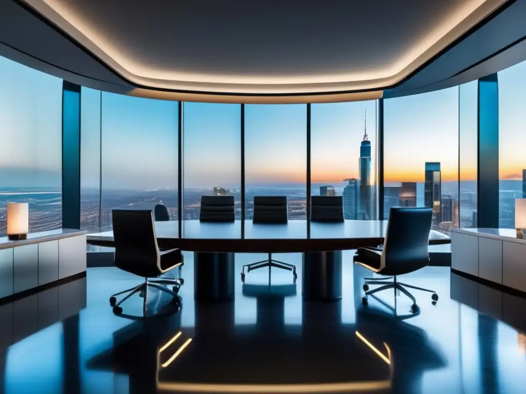 Sala de juntas moderna con vista panorámica Boardroom moderno con vista a la ciudad, inversores astutos discuten estrategias fiscales (110 caracteres)