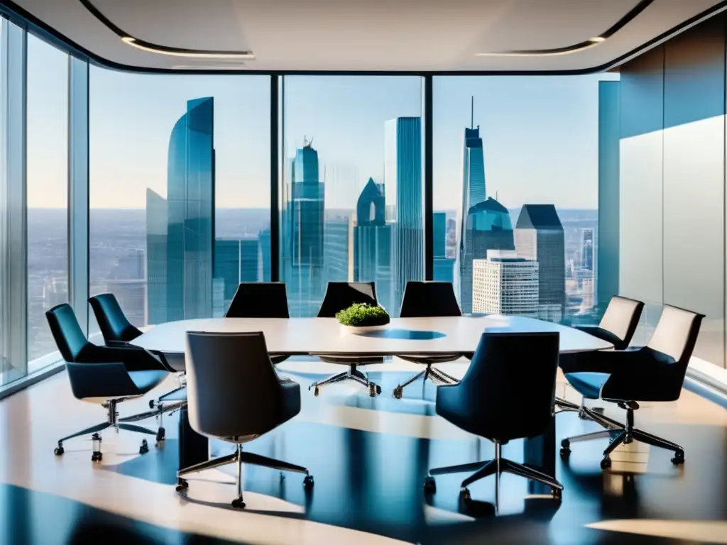 Sala de juntas moderna y sofisticada Un boardroom moderno con vistas a una ciudad impresionante, mostrando elegancia, planificación fiscal para inversiones transfronterizas
