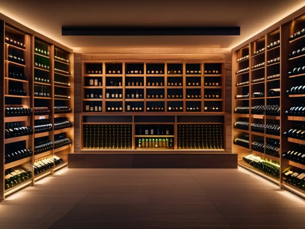 Lujosa bodega de vinos con botellas cuidadosamente dispuestas Bodega lujo con vinos y licores: diversificación inversiones vinos licores