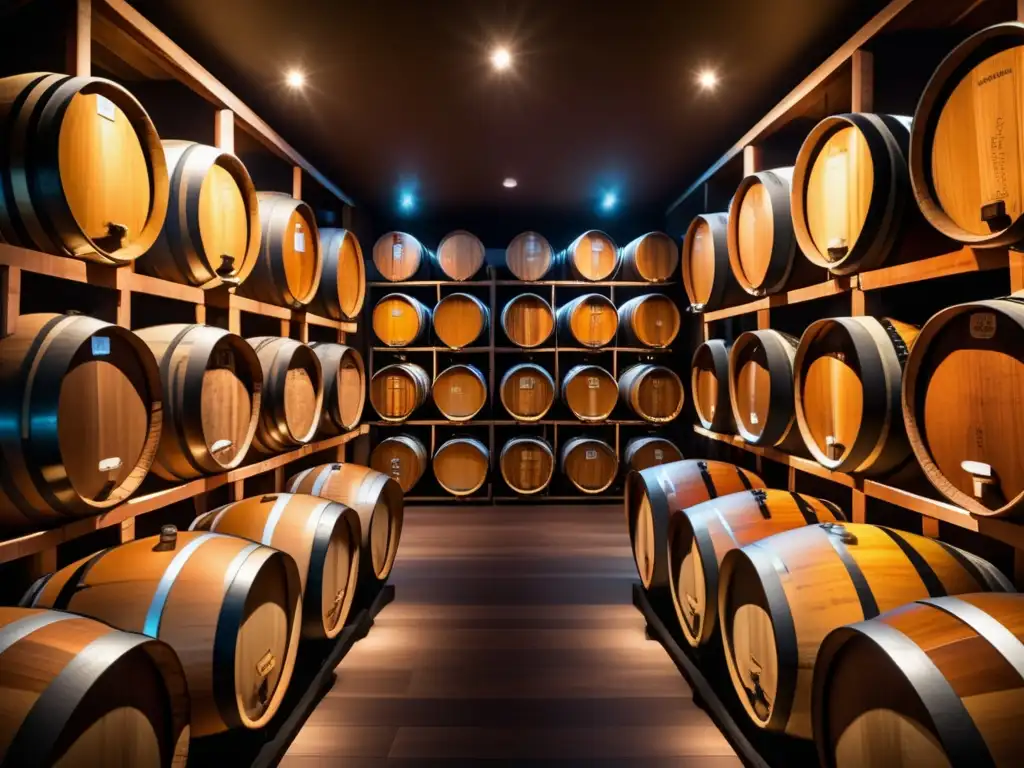Bodega de vinos moderna y elegante Bodega de vinos moderna, con barriles meticulosamente organizados - Invertir en vinos sin ser enólogo