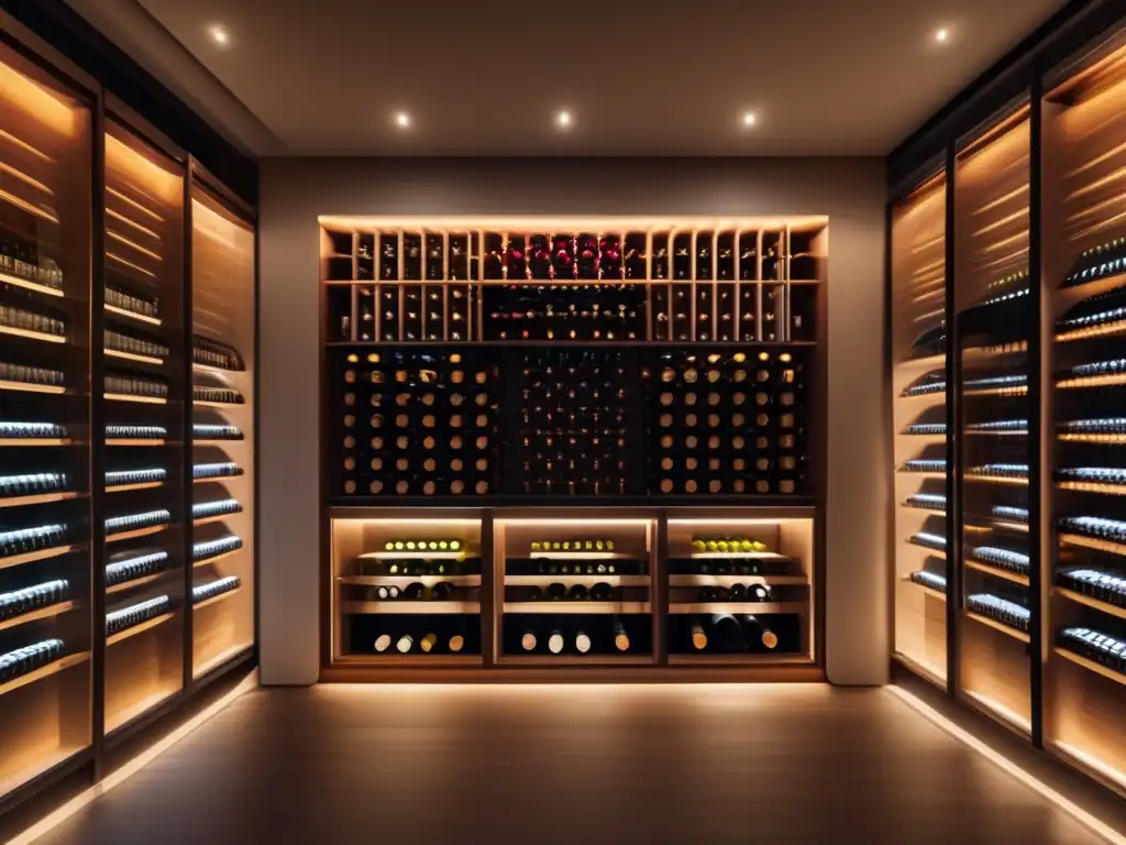 Bodega de vinos moderna y elegante Bodega de vinos moderna con iluminación cálida y botellas organizadas en estantes minimalistas