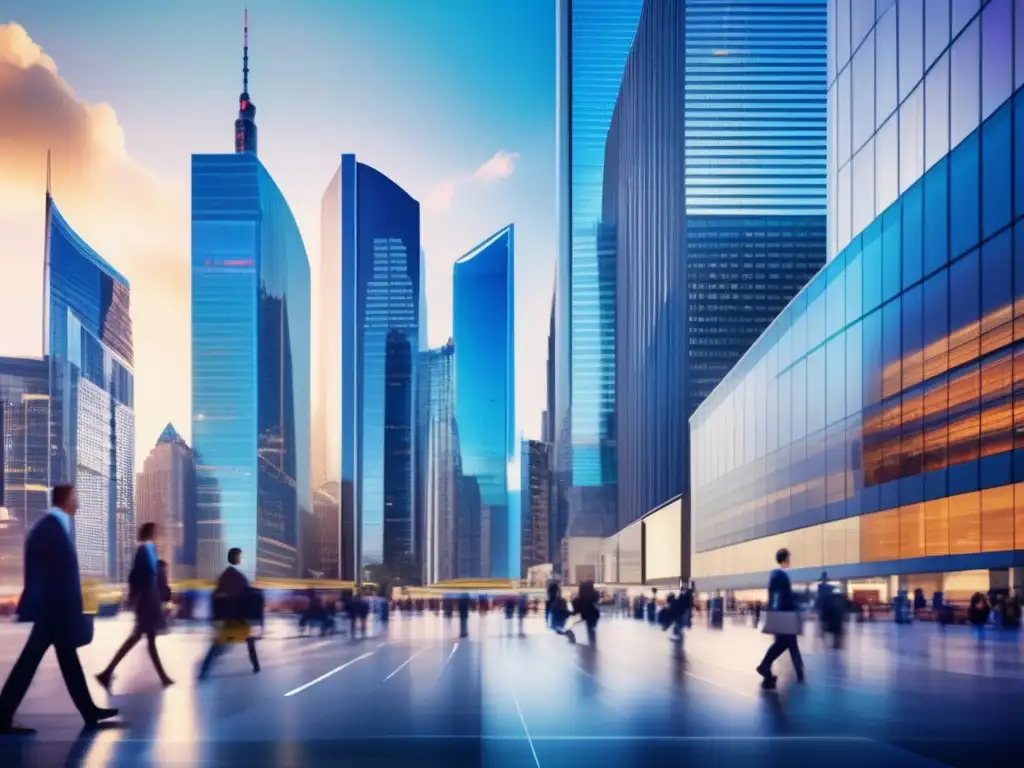 Distrito financiero moderno, vibrante y dinámico Invertir en bolsa: Edificio moderno con pantallas digitales mostrando datos de mercado