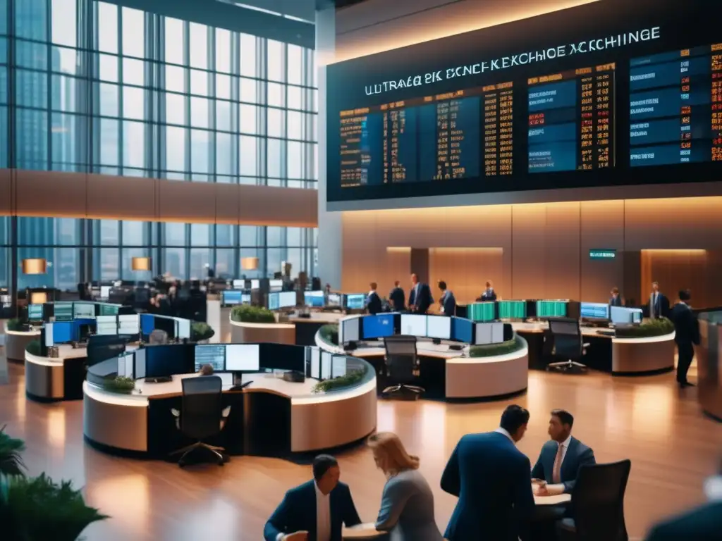 Piso de bolsa: Traders en acción Bolsa 2021: Escena vibrante de la bolsa con traders enfocados en gráficos y discusiones, reflejando los sectores líderes