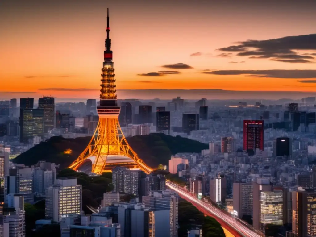 Amanecer dorado en la vibrante ciudad de Tokio Invertir en la Bolsa de Tokio: Ciudad de Tokyo al amanecer con rascacielos, intersección con movimiento y la icónica Torre de Tokyo